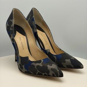 Paul Andrew Camouflage Heels in Black, Gray, and Blue 381/2